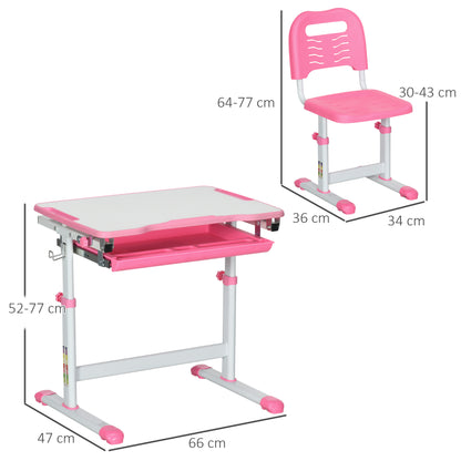 Adjustable Height School Desk for Children 6-12 Years, Desk and Chair Set with 45° Tilting Desktop, Drawer, 2 Pen Holders, and Hook, Pink