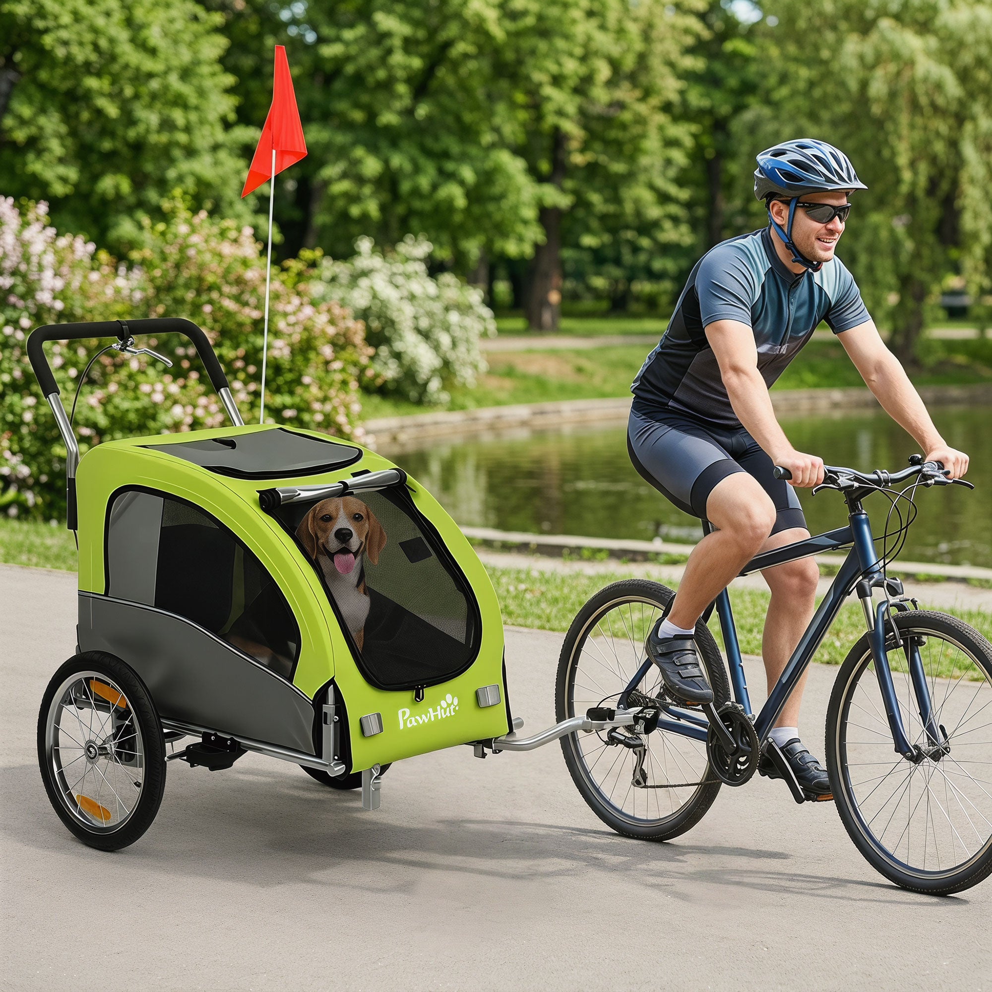 2-in-1 Dog Bike Trailer & Pet Stroller, Foldable with Suspension, Large Wheels, Mesh Windows, Hand Brake, Reflectors & Safety Flag, Green — For Medium Dogs & Cats up to 44 lb (20 kg)