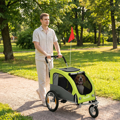 2-in-1 Dog Bike Trailer & Pet Stroller, Foldable with Suspension, Large Wheels, Mesh Windows, Hand Brake, Reflectors & Safety Flag, Green — For Medium Dogs & Cats up to 44 lb (20 kg)