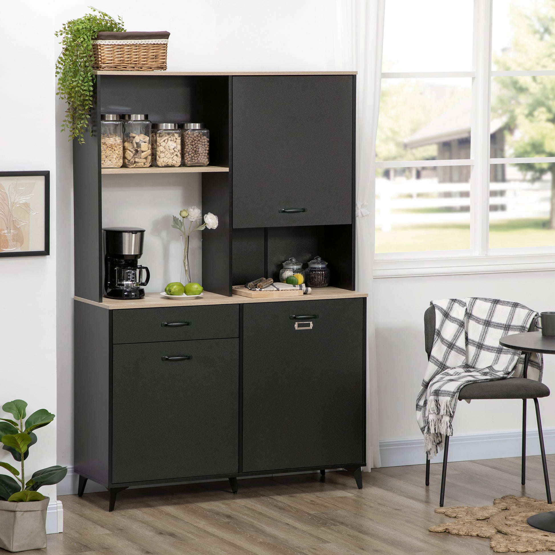Kitchen Buffet Cabinet Dining Room Buffet 3 Open Niches 3 Cupboards with Door and 1 Drawer 119 x 41 x 180 cm Black