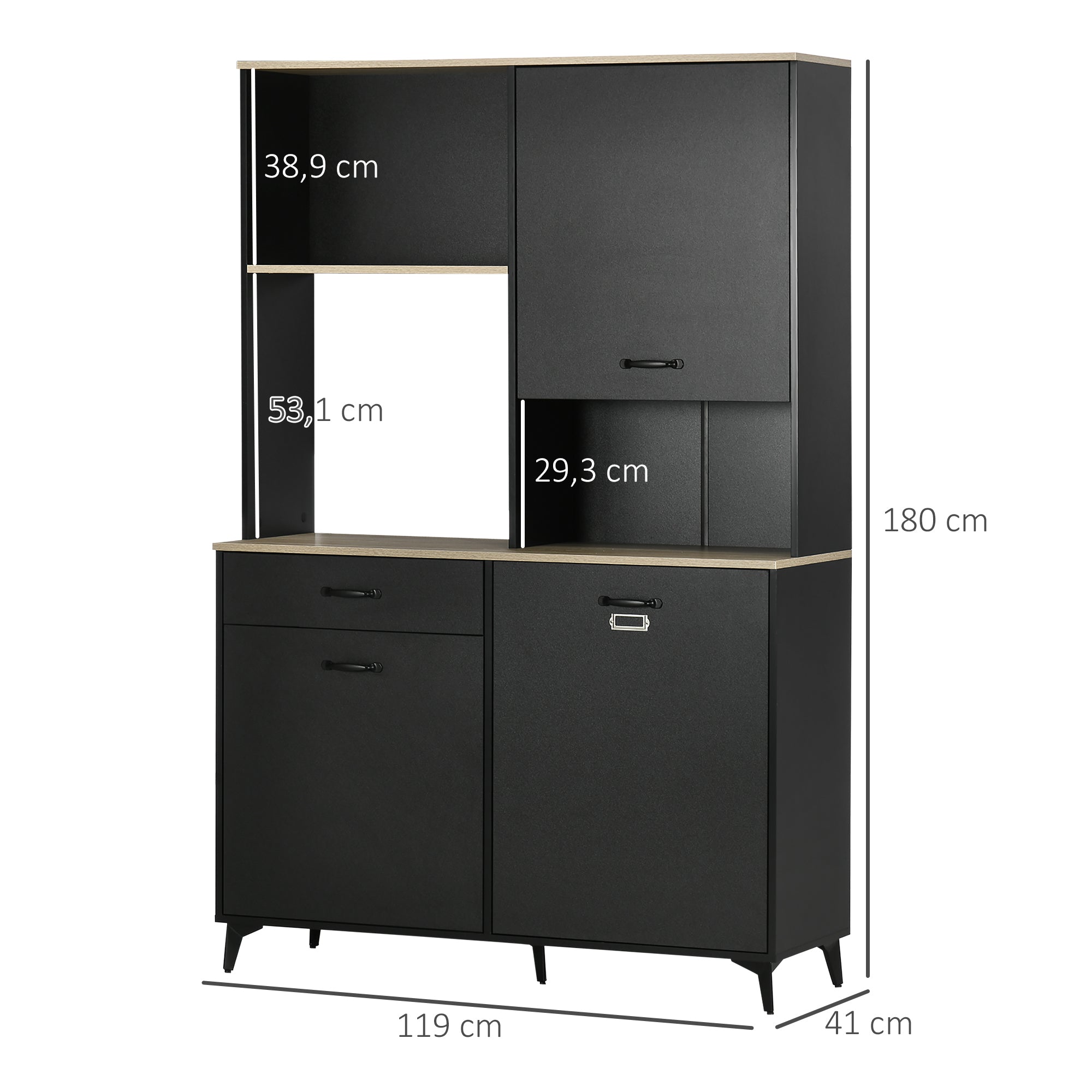 Kitchen Buffet Cabinet Dining Room Buffet 3 Open Niches 3 Cupboards with Door and 1 Drawer 119 x 41 x 180 cm Black