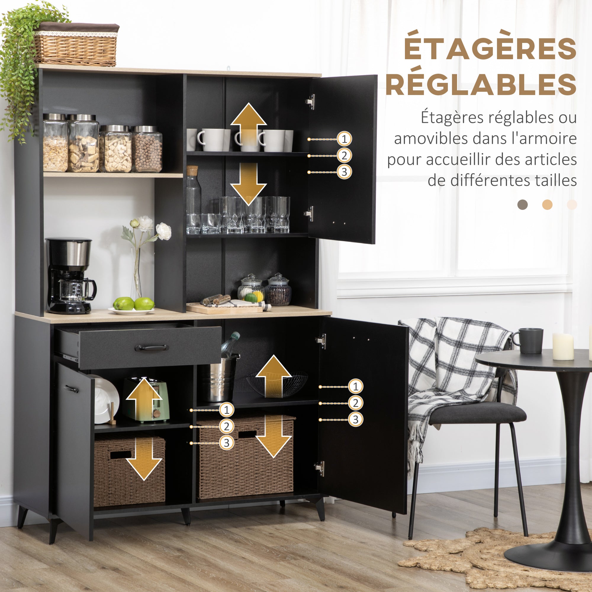Kitchen Buffet Cabinet Dining Room Buffet 3 Open Niches 3 Cupboards with Door and 1 Drawer 119 x 41 x 180 cm Black