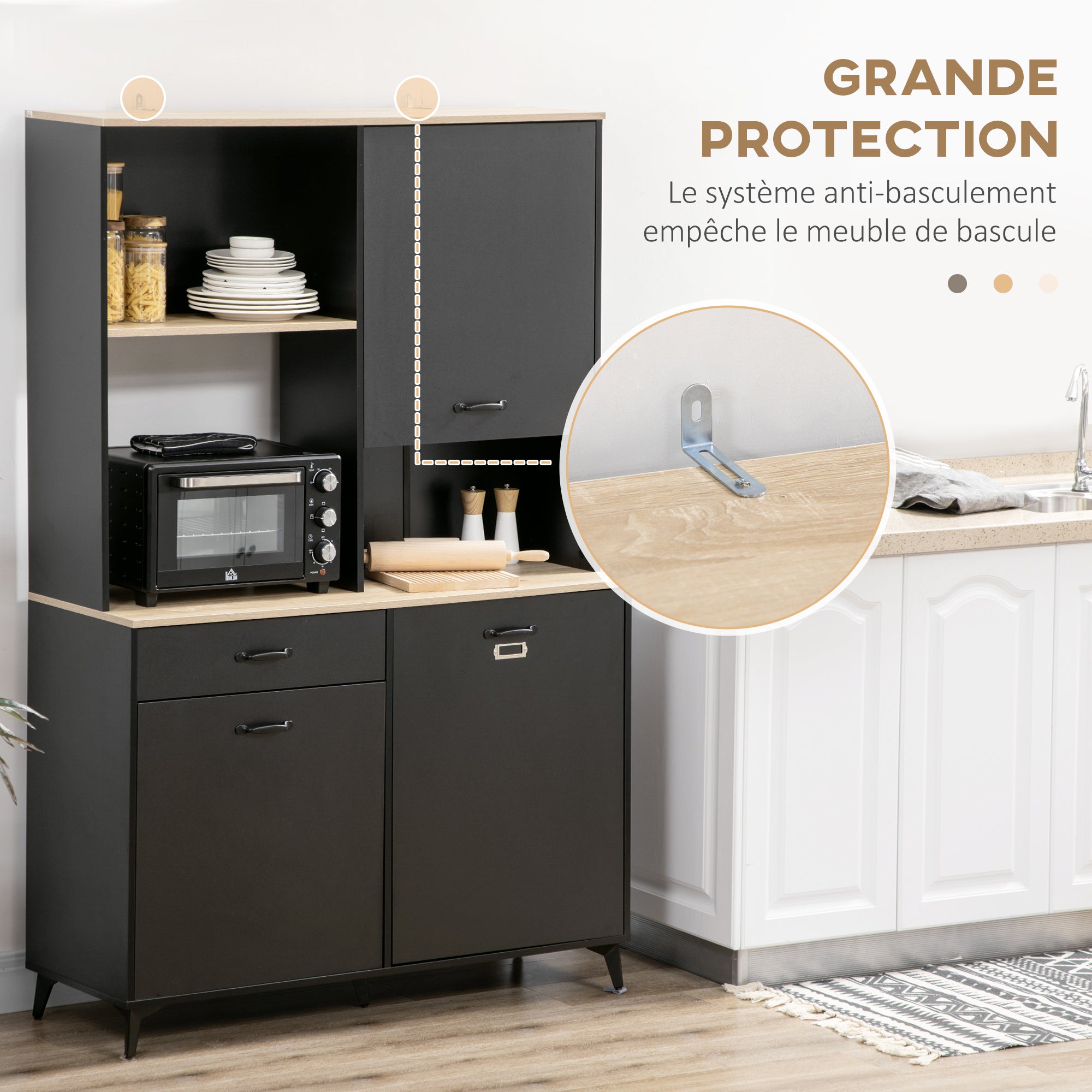 Kitchen Buffet Cabinet Dining Room Buffet 3 Open Niches 3 Cupboards with Door and 1 Drawer 119 x 41 x 180 cm Black