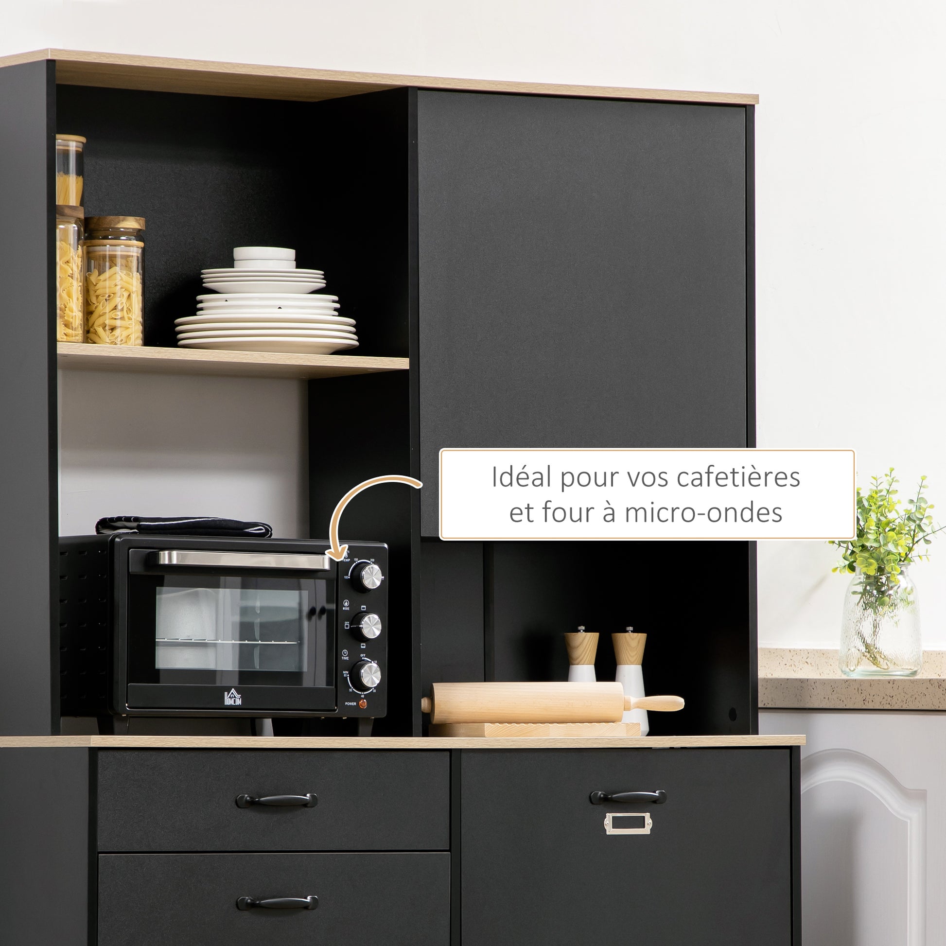 Kitchen Buffet Cabinet Dining Room Buffet 3 Open Niches 3 Cupboards with Door and 1 Drawer 119 x 41 x 180 cm Black