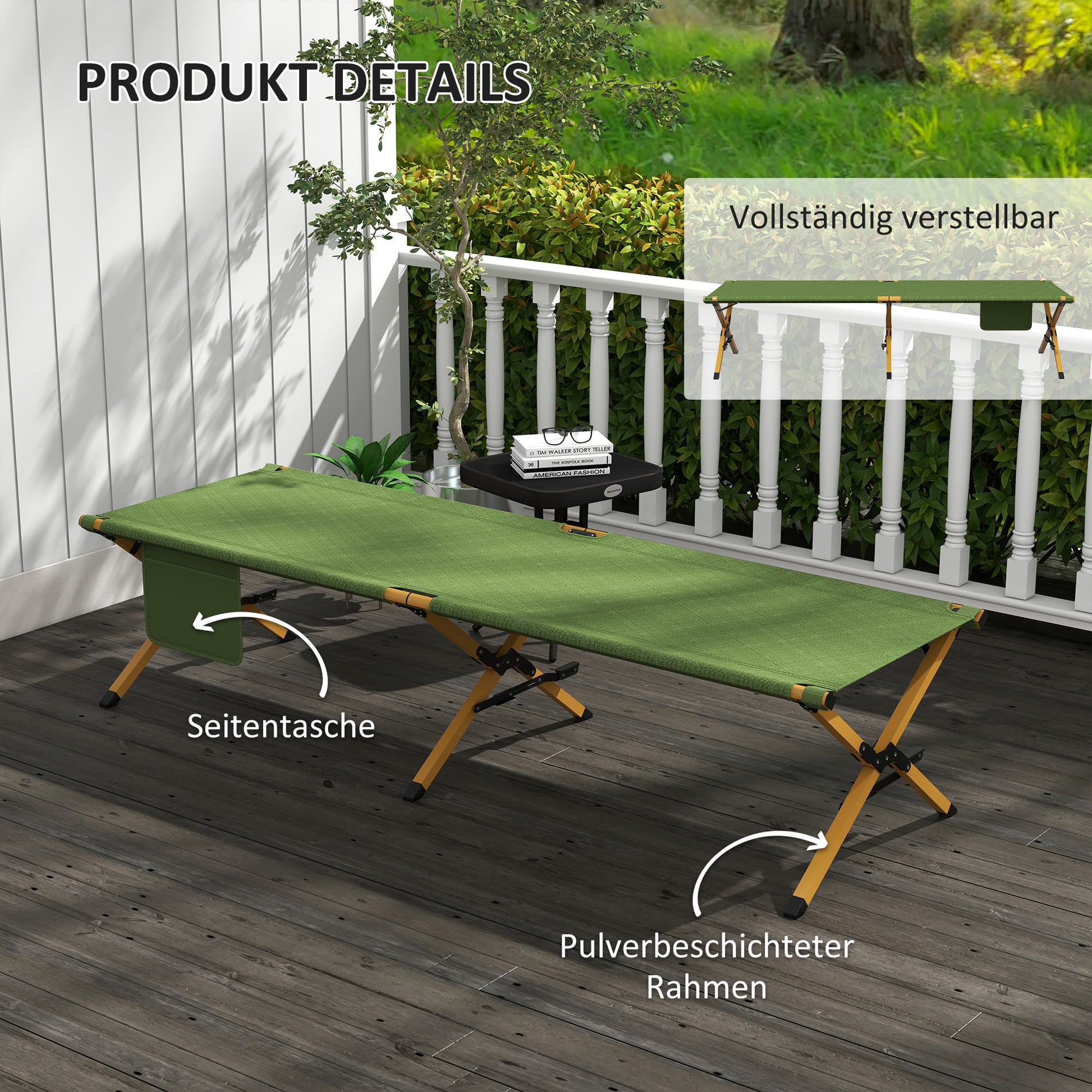 Sun Lounger, Garden Lounger, Folding Chair with Side Pocket, Recliner, for Garden, Balcony, Oxford, Dark Green, 196 x 64 x 45 cm