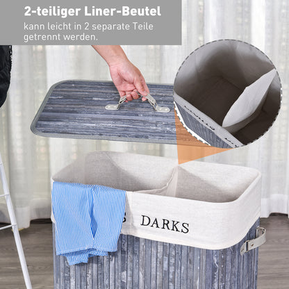 Bamboo Laundry Basket with Lid 100 L Hamper with PU Handles, Canvas Laundry Bag, Laundry Baskets Sorter for Laundry Room Bedroom Bathroom Gray