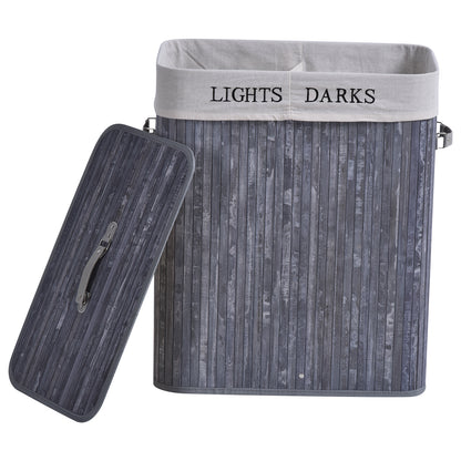 Bamboo Laundry Basket with Lid 100 L Hamper with PU Handles, Canvas Laundry Bag, Laundry Baskets Sorter for Laundry Room Bedroom Bathroom Gray