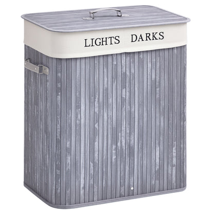 Bamboo Laundry Basket with Lid 100 L Hamper with PU Handles, Canvas Laundry Bag, Laundry Baskets Sorter for Laundry Room Bedroom Bathroom Gray