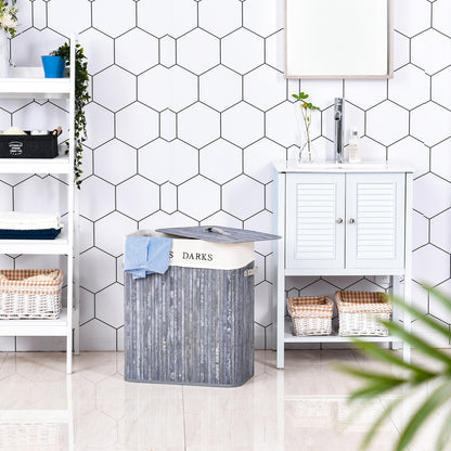 Bamboo Laundry Basket with Lid 100 L Hamper with PU Handles, Canvas Laundry Bag, Laundry Baskets Sorter for Laundry Room Bedroom Bathroom Gray