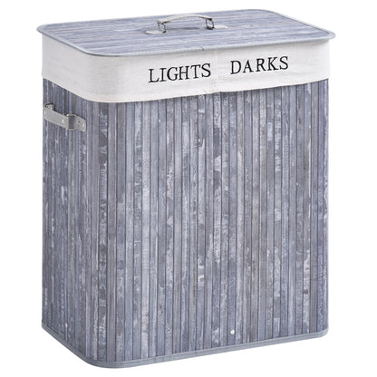 Bamboo Laundry Basket with Lid 100 L Hamper with PU Handles, Canvas Laundry Bag, Laundry Baskets Sorter for Laundry Room Bedroom Bathroom Gray