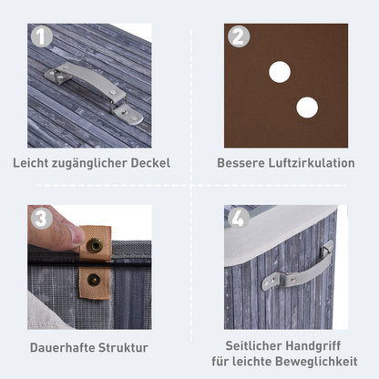 Bamboo Laundry Basket with Lid 100 L Hamper with PU Handles, Canvas Laundry Bag, Laundry Baskets Sorter for Laundry Room Bedroom Bathroom Gray