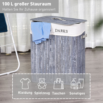 Bamboo Laundry Basket with Lid 100 L Hamper with PU Handles, Canvas Laundry Bag, Laundry Baskets Sorter for Laundry Room Bedroom Bathroom Gray