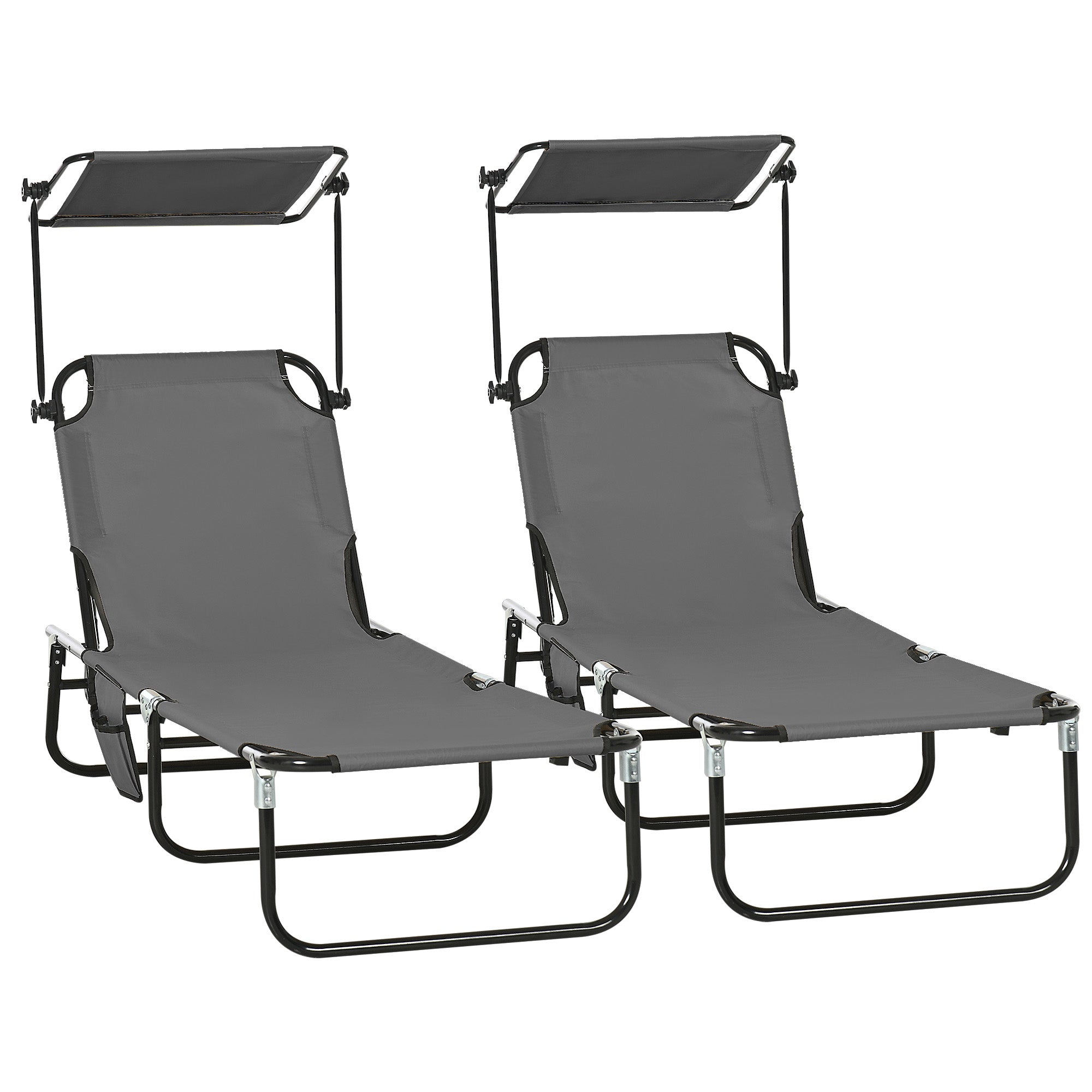 Set of 2 Folding Sun Loungers with Sun Canopy, 5-Position Adjustable Backrest, 265 lb Capacity — Dark Gray Outdoor Chaise Lounges for Pool & Beach