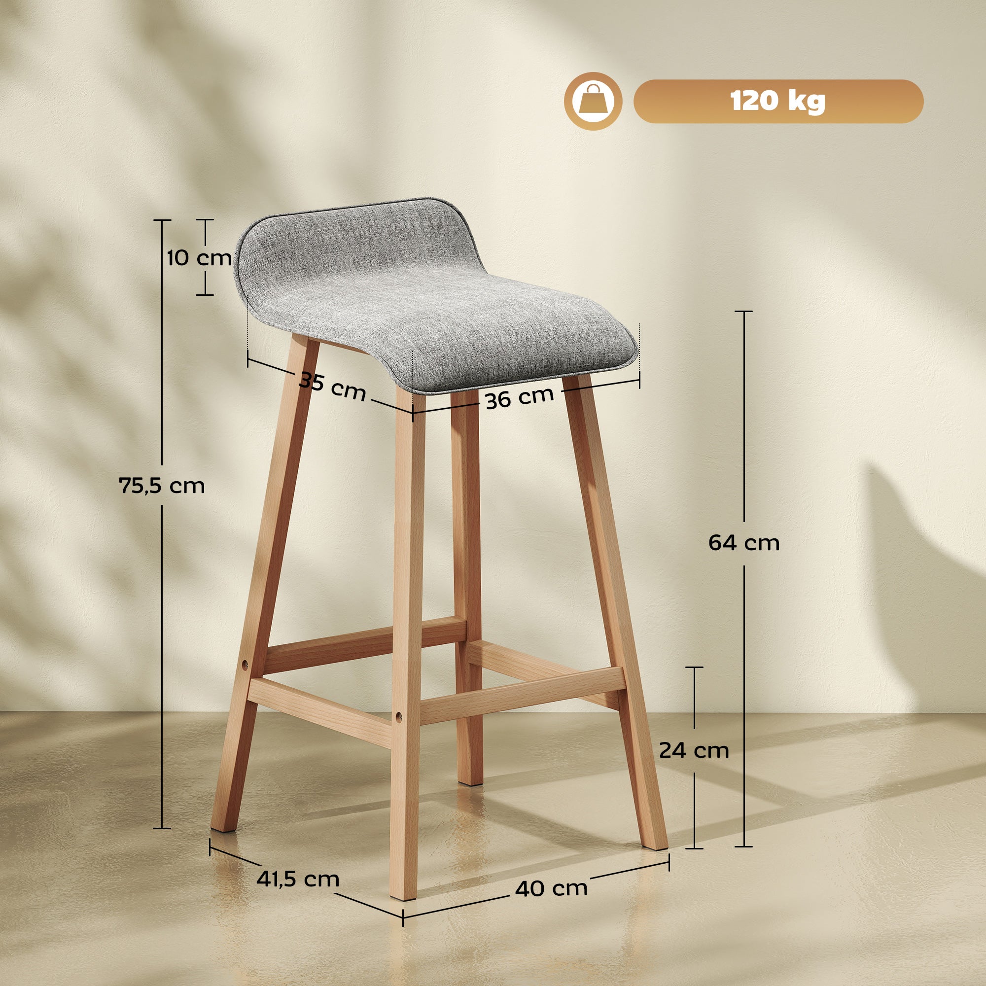 Scandinavian Style Bar Stools - Set of 2 Bar Stools with Footrests - Fir Wood Light Gray Linen-like Polyester Fabric