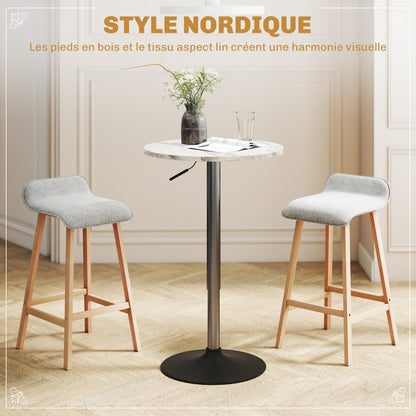 Scandinavian Style Bar Stools - Set of 2 Bar Stools with Footrests - Fir Wood Light Gray Linen-like Polyester Fabric