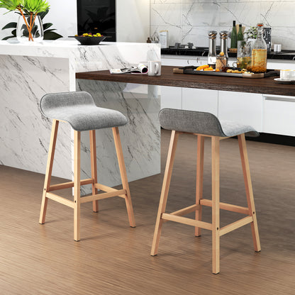 Scandinavian Style Bar Stools - Set of 2 Bar Stools with Footrests - Fir Wood Light Gray Linen-like Polyester Fabric