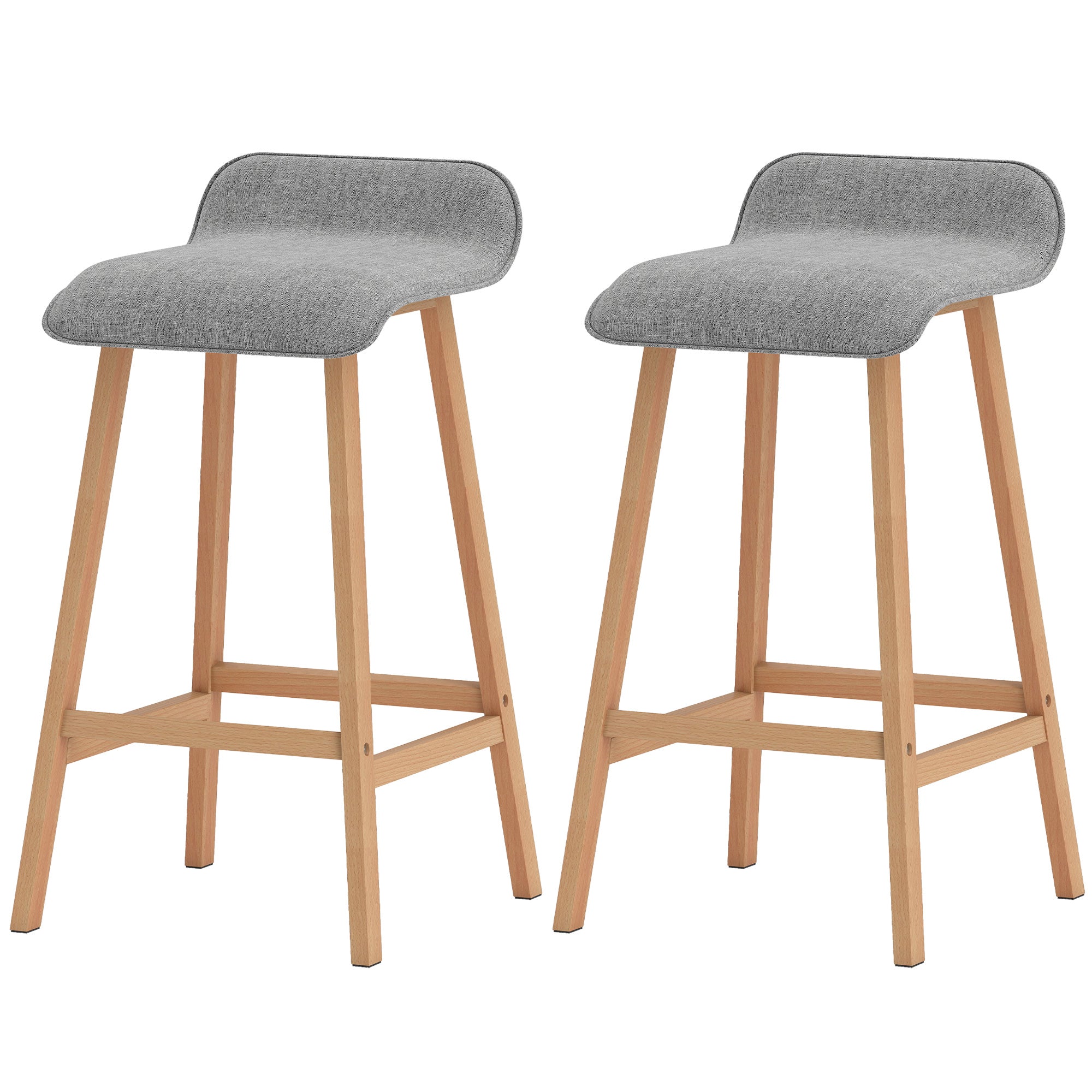 Scandinavian Style Bar Stools - Set of 2 Bar Stools with Footrests - Fir Wood Light Gray Linen-like Polyester Fabric