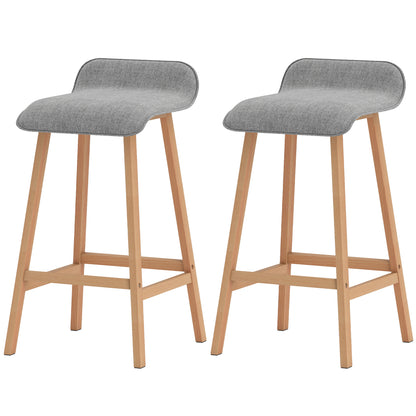 Scandinavian Style Bar Stools - Set of 2 Bar Stools with Footrests - Fir Wood Light Gray Linen-like Polyester Fabric