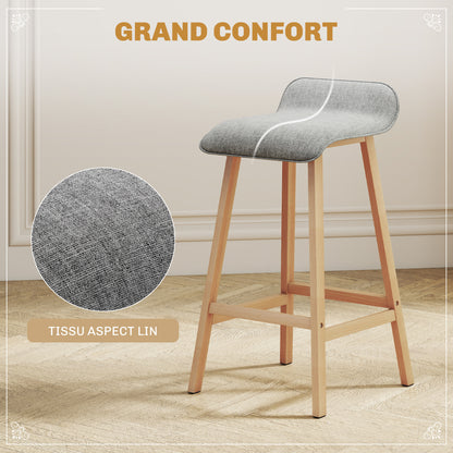 Scandinavian Style Bar Stools - Set of 2 Bar Stools with Footrests - Fir Wood Light Gray Linen-like Polyester Fabric