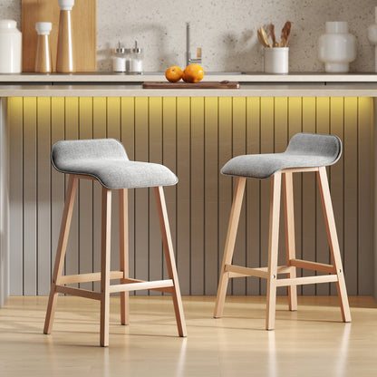 Scandinavian Style Bar Stools - Set of 2 Bar Stools with Footrests - Fir Wood Light Gray Linen-like Polyester Fabric