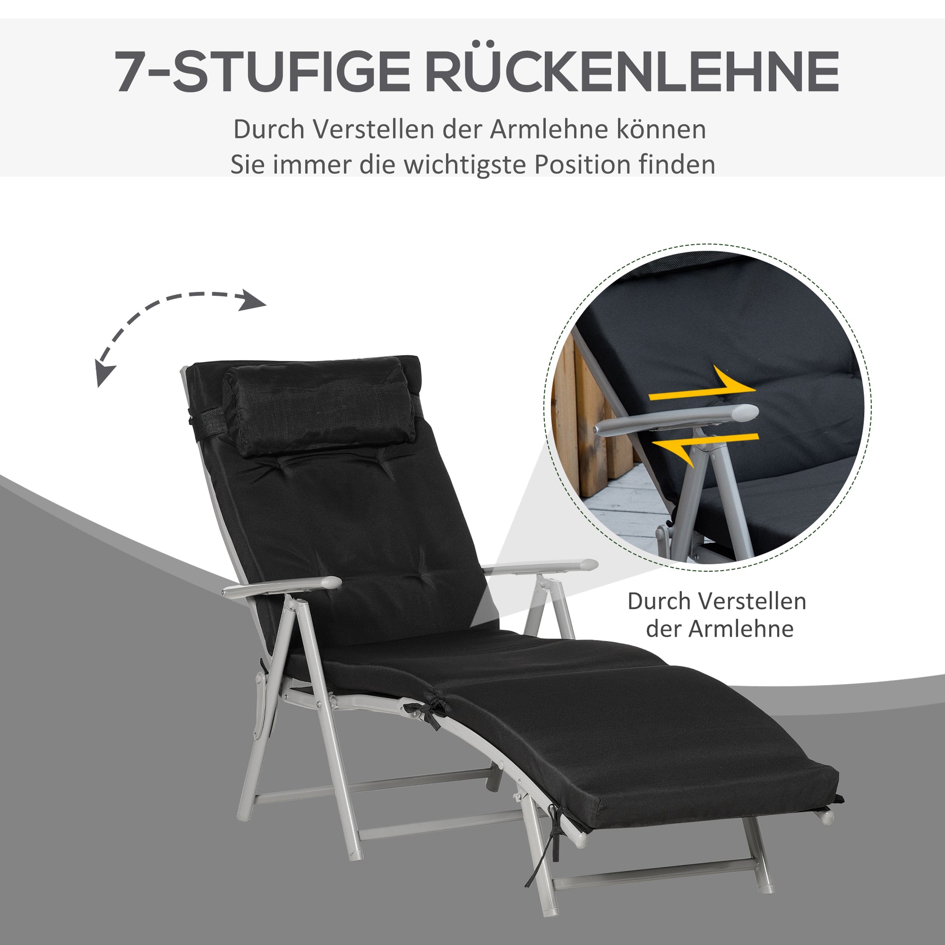 Foldable Sunbed Beach Chair with Headrest Seat Cushion Recliner with 7-Position Adjustable Backrest Garden Sun Lounger Relaxing Chair Supports up to 165 kg, for Garden Vacation Outdoor, Black