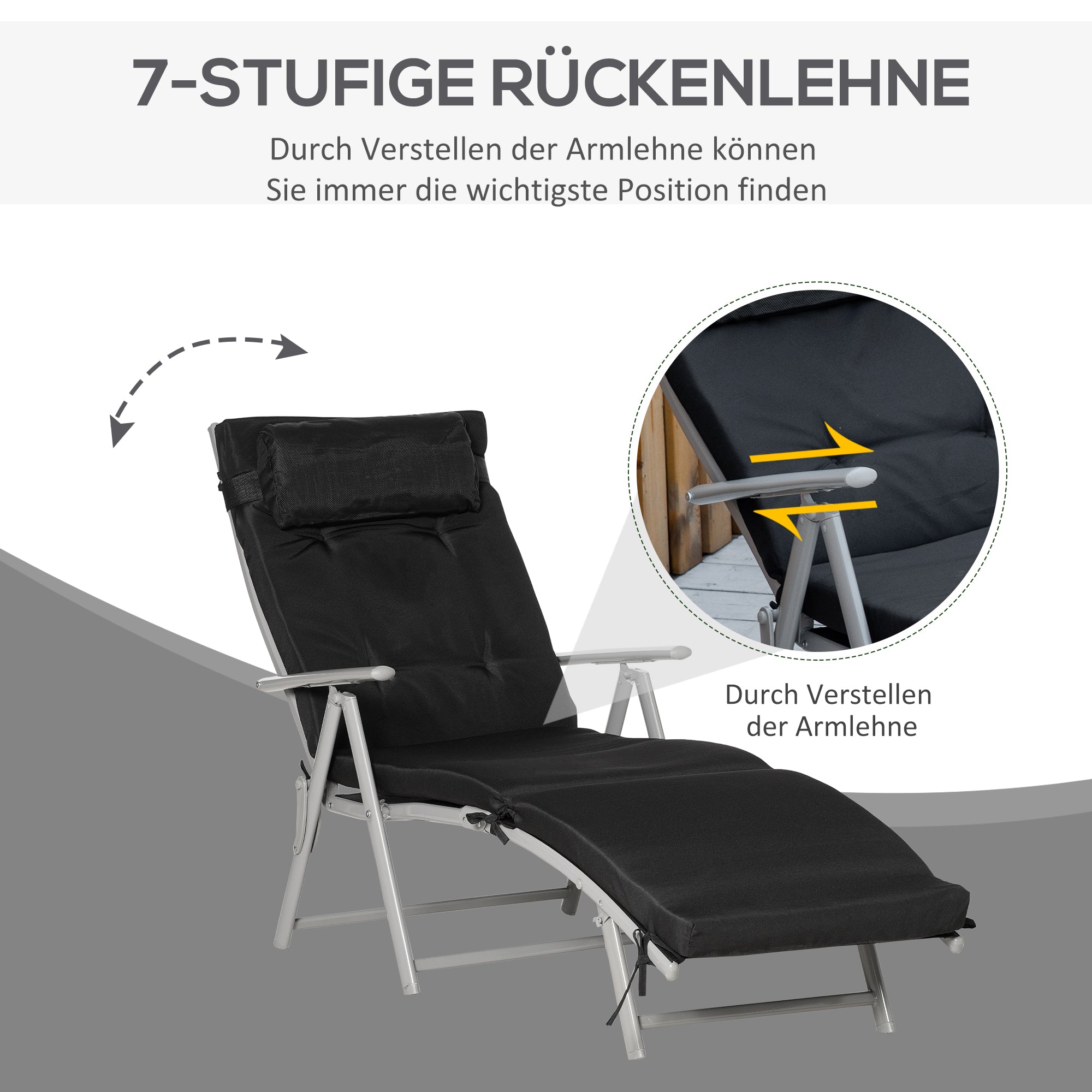 Foldable Sunbed Beach Chair with Headrest Seat Cushion Recliner with 7-Position Adjustable Backrest Garden Sun Lounger Relaxing Chair Supports up to 165 kg, for Garden Vacation Outdoor, Black