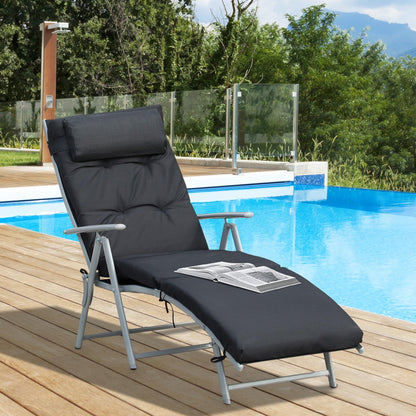 Foldable Sunbed Beach Chair with Headrest Seat Cushion Recliner with 7-Position Adjustable Backrest Garden Sun Lounger Relaxing Chair Supports up to 165 kg, for Garden Vacation Outdoor, Black