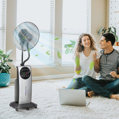Silent Misting Fan 90 W, 135 cm Stand Fan with 3 modes 3 speeds, remote control, 12H timer, 70° oscillation, LED screen, 3.1L water tank, gray and black