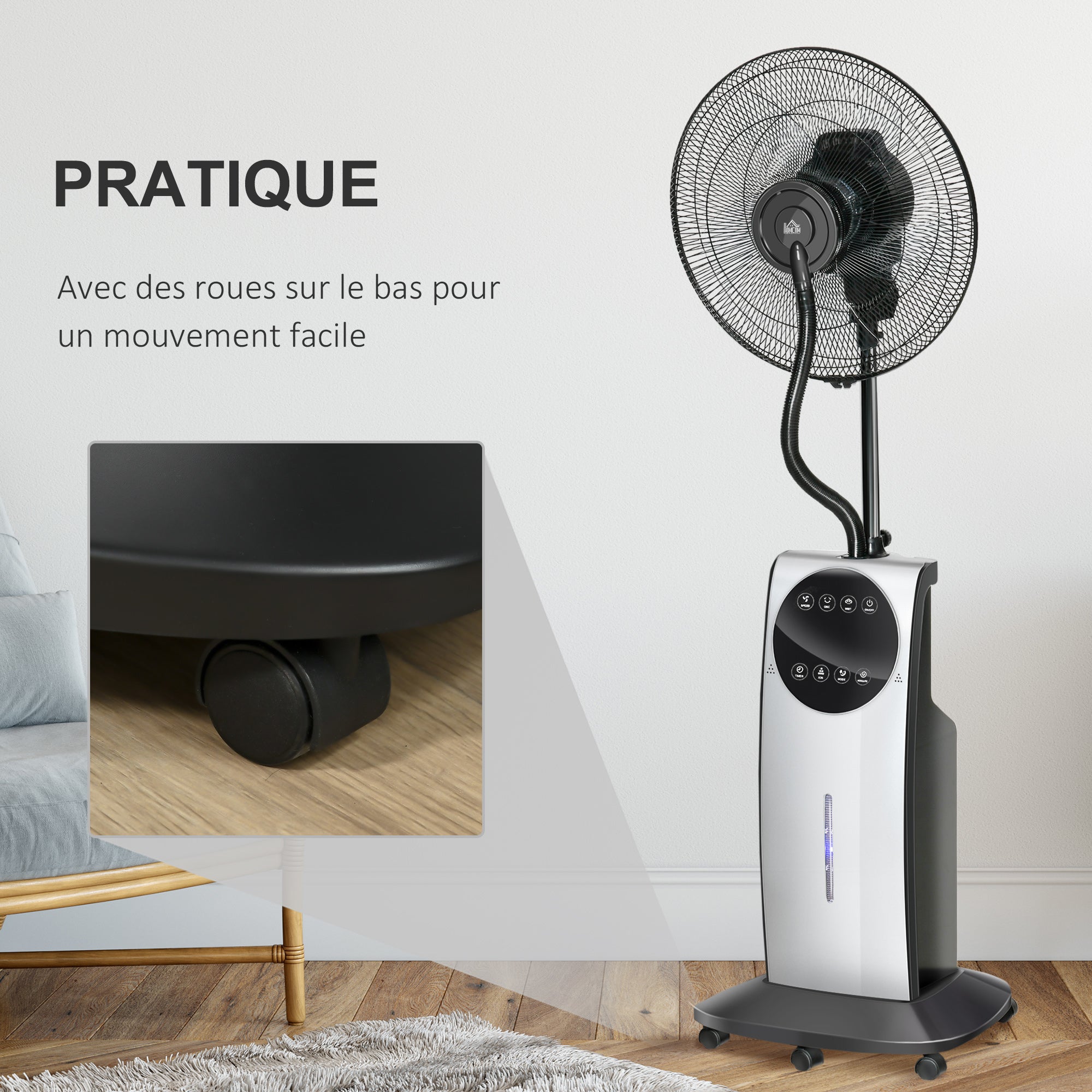 Silent Misting Fan 90 W, 135 cm Stand Fan with 3 modes 3 speeds, remote control, 12H timer, 70° oscillation, LED screen, 3.1L water tank, gray and black