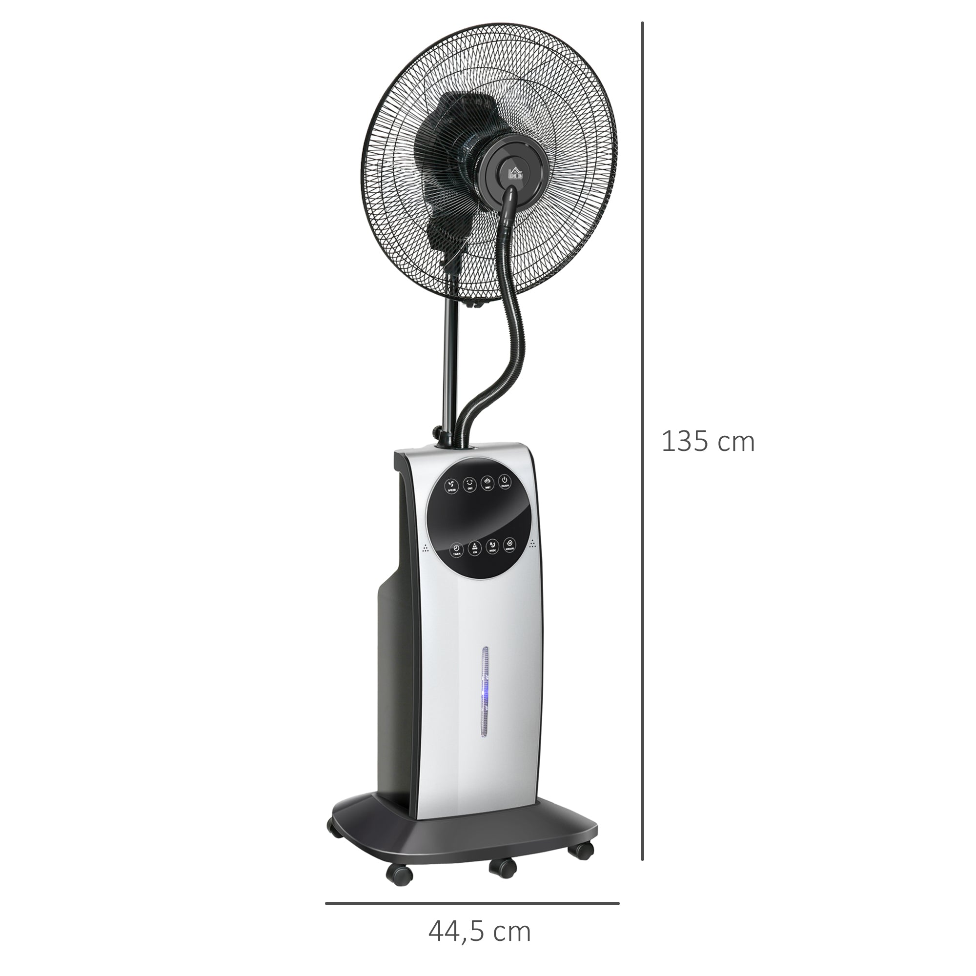 Silent Misting Fan 90 W, 135 cm Stand Fan with 3 modes 3 speeds, remote control, 12H timer, 70° oscillation, LED screen, 3.1L water tank, gray and black