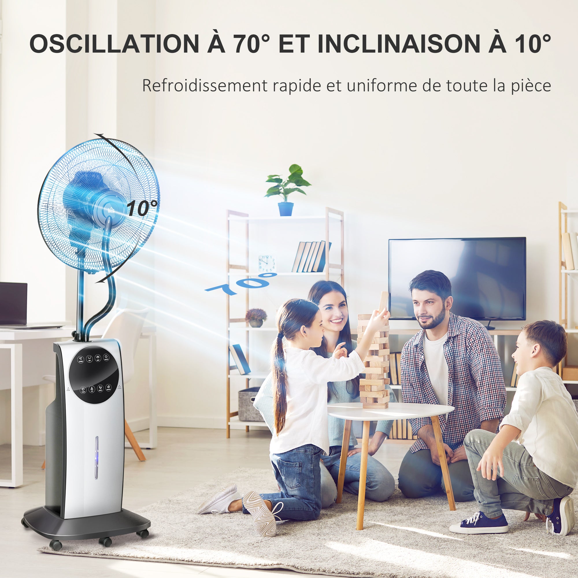 Silent Misting Fan 90 W, 135 cm Stand Fan with 3 modes 3 speeds, remote control, 12H timer, 70° oscillation, LED screen, 3.1L water tank, gray and black