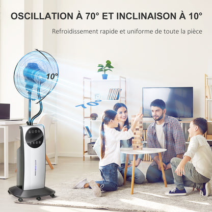 Silent Misting Fan 90 W, 135 cm Stand Fan with 3 modes 3 speeds, remote control, 12H timer, 70° oscillation, LED screen, 3.1L water tank, gray and black