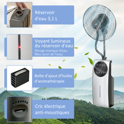 Silent Misting Fan 90 W, 135 cm Stand Fan with 3 modes 3 speeds, remote control, 12H timer, 70° oscillation, LED screen, 3.1L water tank, gray and black