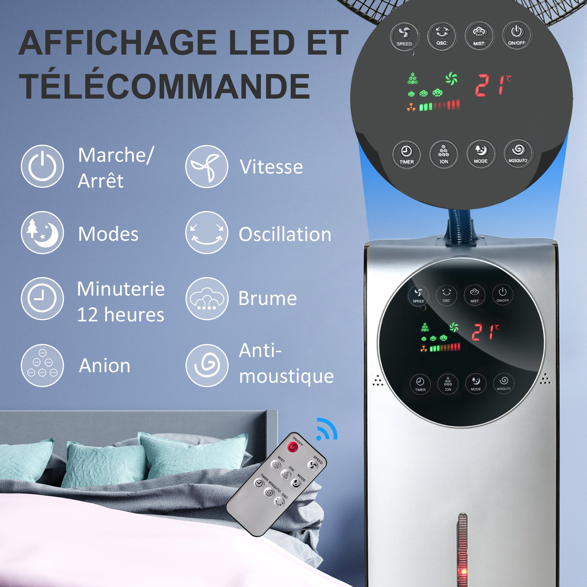 Silent Misting Fan 90 W, 135 cm Stand Fan with 3 modes 3 speeds, remote control, 12H timer, 70° oscillation, LED screen, 3.1L water tank, gray and black