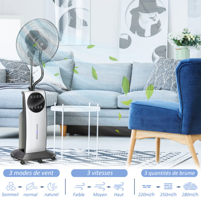 Silent Misting Fan 90 W, 135 cm Stand Fan with 3 modes 3 speeds, remote control, 12H timer, 70° oscillation, LED screen, 3.1L water tank, gray and black