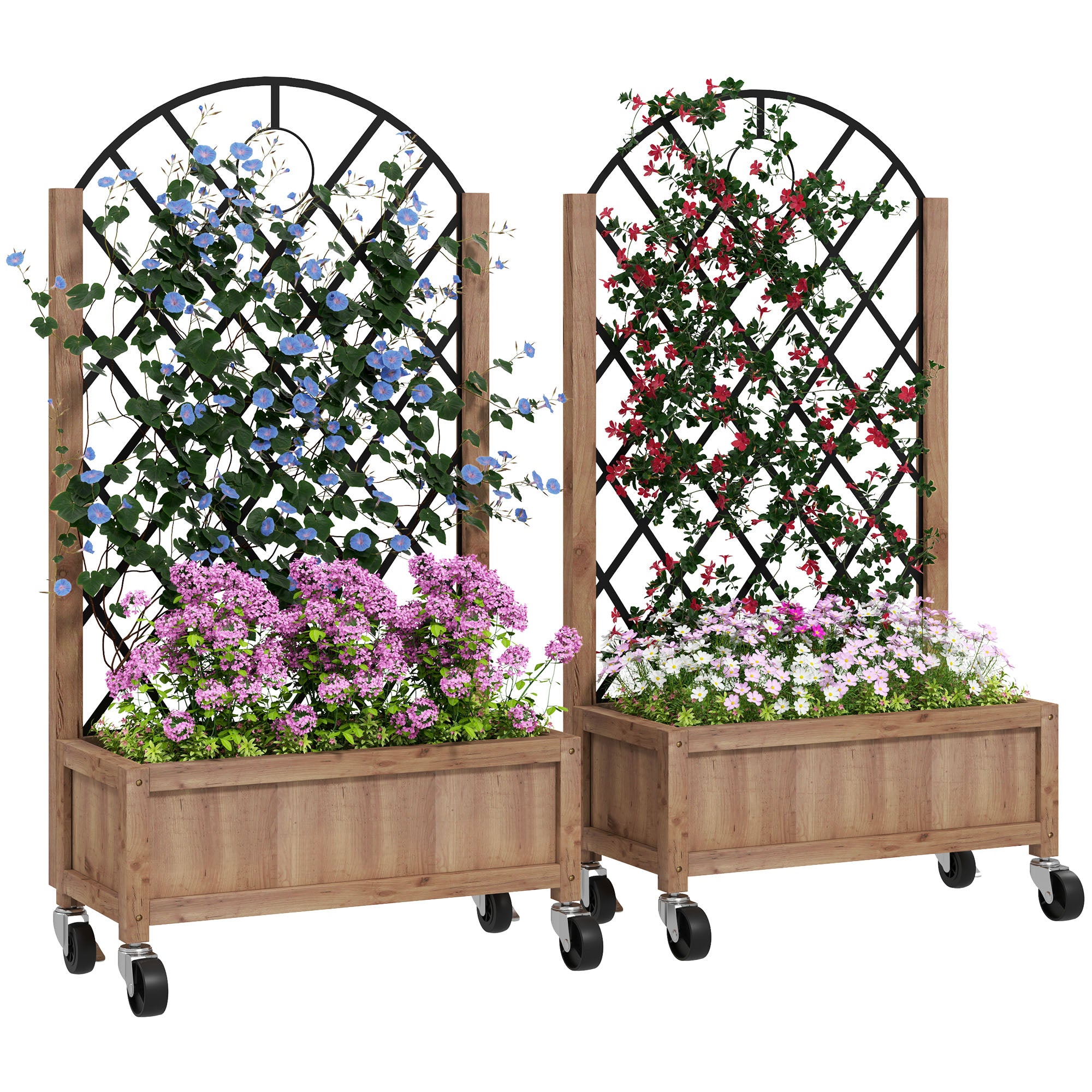 2-Piece Set Raised Bed Planters with Wheels, Trellis, Espalier Plant Pot Wooden Flower Box, Garden Espalier 52x25x97cm for Garden Balcony Terrace, Flower Pot for Climbing Plants Basket Plants