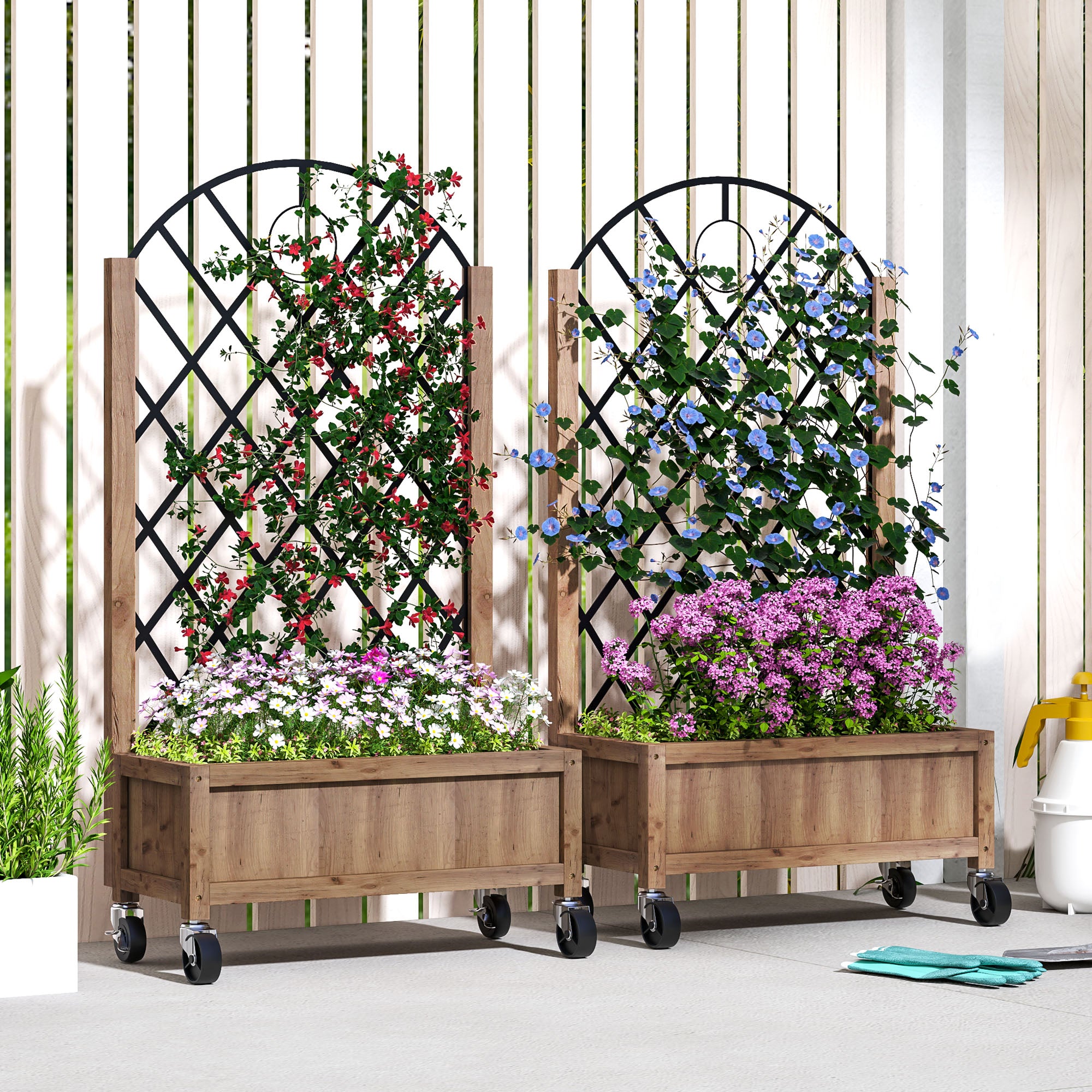 2-Piece Set Raised Bed Planters with Wheels, Trellis, Espalier Plant Pot Wooden Flower Box, Garden Espalier 52x25x97cm for Garden Balcony Terrace, Flower Pot for Climbing Plants Basket Plants