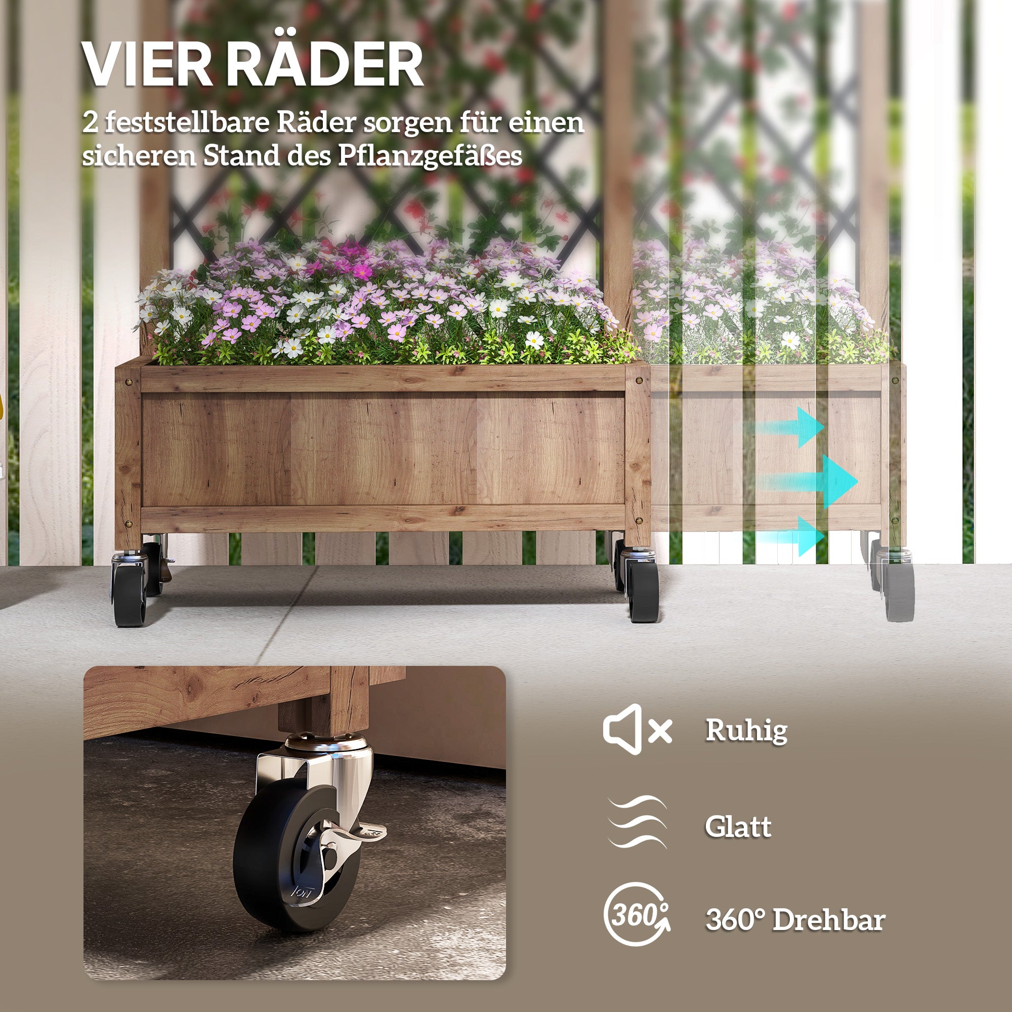 2-Piece Set Raised Bed Planters with Wheels, Trellis, Espalier Plant Pot Wooden Flower Box, Garden Espalier 52x25x97cm for Garden Balcony Terrace, Flower Pot for Climbing Plants Basket Plants