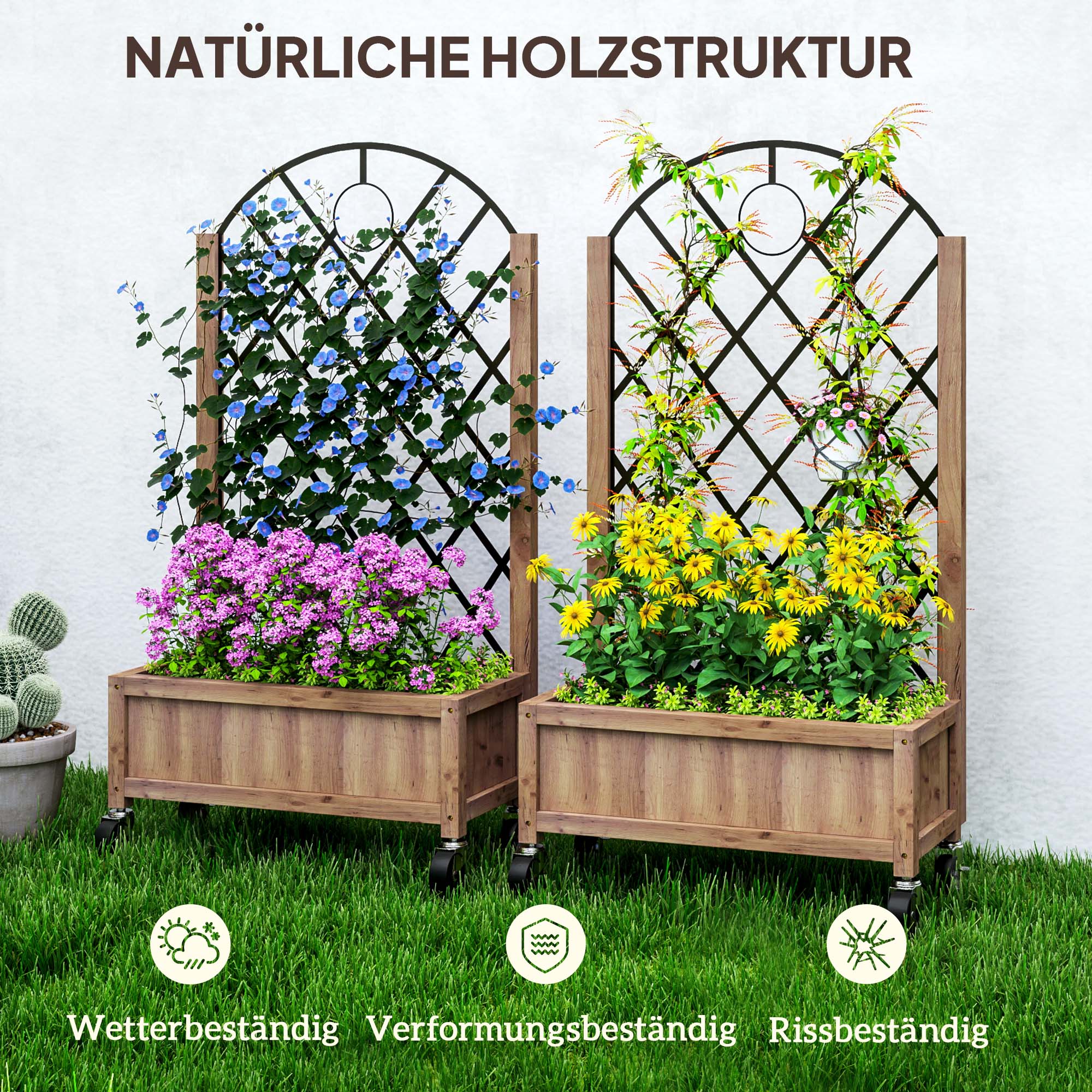 2-Piece Set Raised Bed Planters with Wheels, Trellis, Espalier Plant Pot Wooden Flower Box, Garden Espalier 52x25x97cm for Garden Balcony Terrace, Flower Pot for Climbing Plants Basket Plants