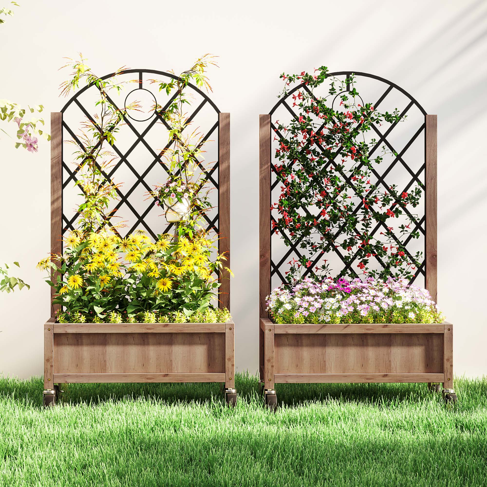 2-Piece Set Raised Bed Planters with Wheels, Trellis, Espalier Plant Pot Wooden Flower Box, Garden Espalier 52x25x97cm for Garden Balcony Terrace, Flower Pot for Climbing Plants Basket Plants