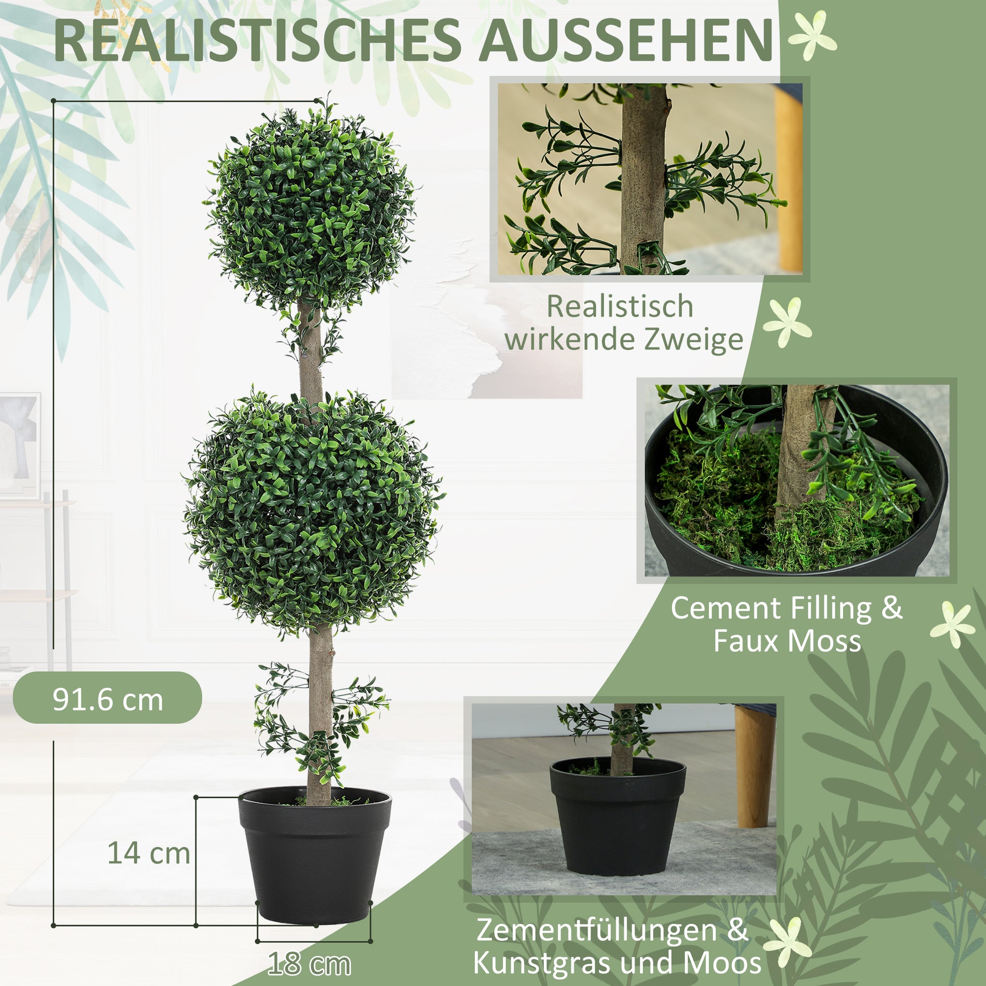 Artificial Boxwood 2-Piece Set Large 91.6 cm Artificial Plants in Pot, Artificial Plant, Boxwood Realistic Artificial Tree with UV Protection for Living Room Garden Balcony