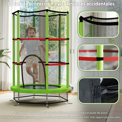 Kids Trampoline Ø140x190 cm Children's Trampoline for 3-6 Years Old with Safety Net 45 kg Load Indoor Green