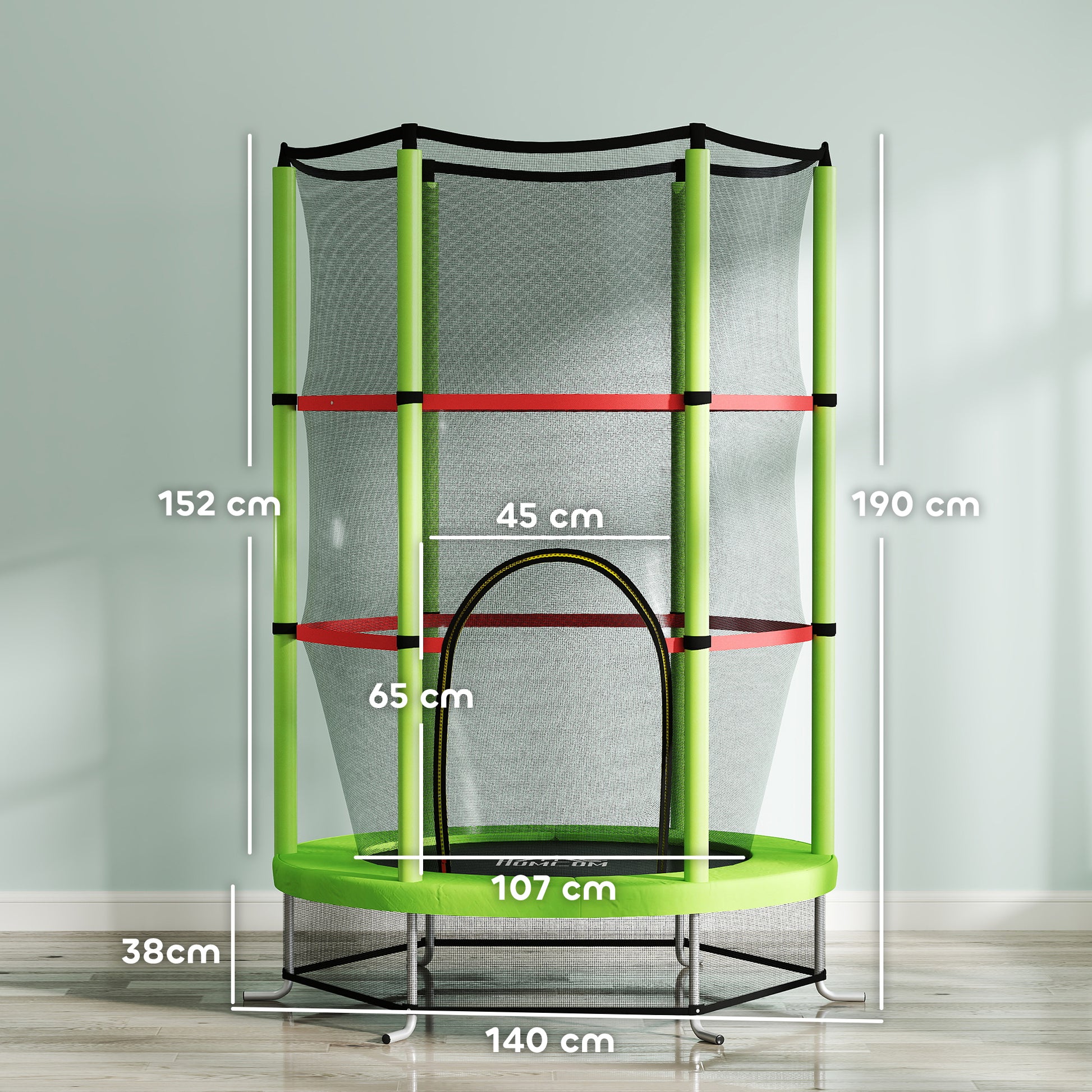 Kids Trampoline Ø140x190 cm Children's Trampoline for 3-6 Years Old with Safety Net 45 kg Load Indoor Green