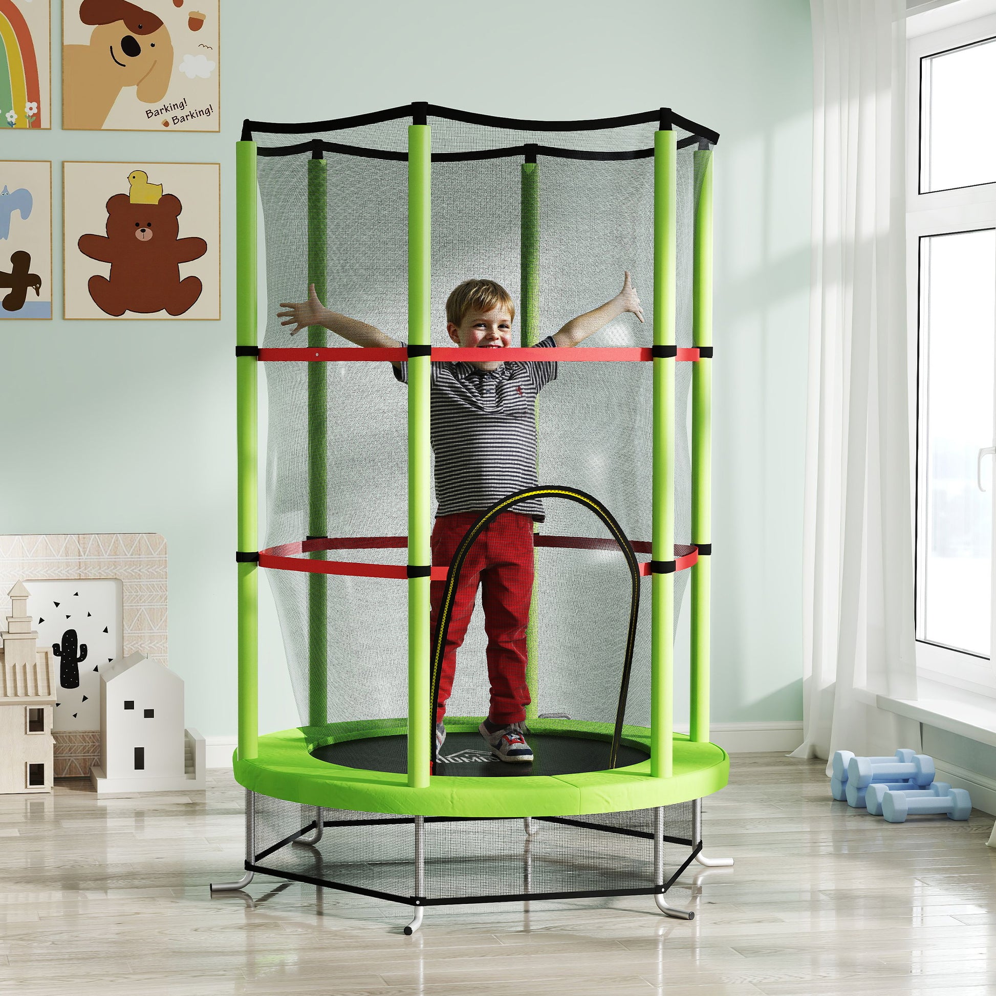 Kids Trampoline Ø140x190 cm Children's Trampoline for 3-6 Years Old with Safety Net 45 kg Load Indoor Green