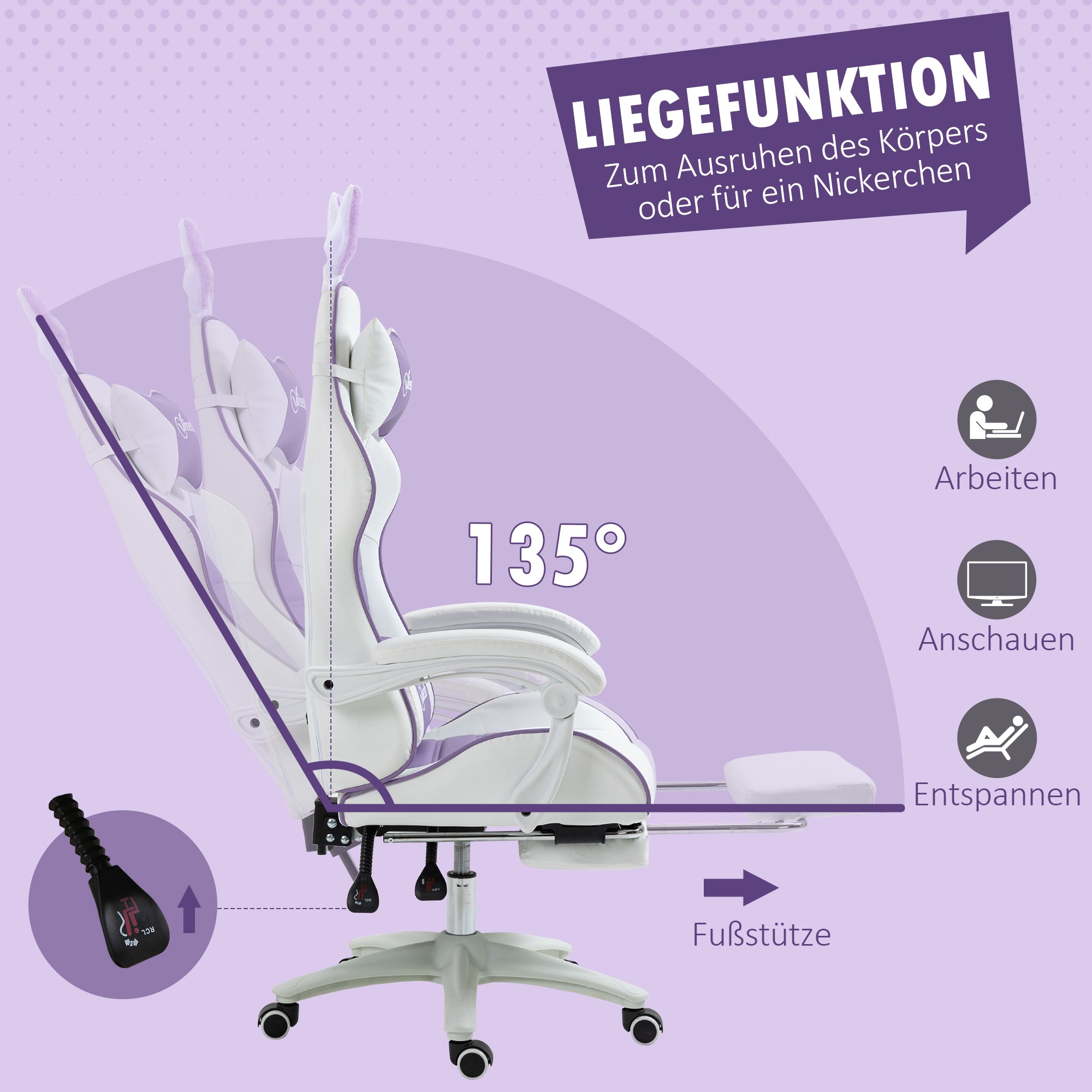 Gaming Chair Ergonomic Gamer Chair with Lumbar Support, Footrest, Gaming Seat with Rabbit Ears, Headrest, Office Chair with Adjustable Backrest Reclining Function Purple