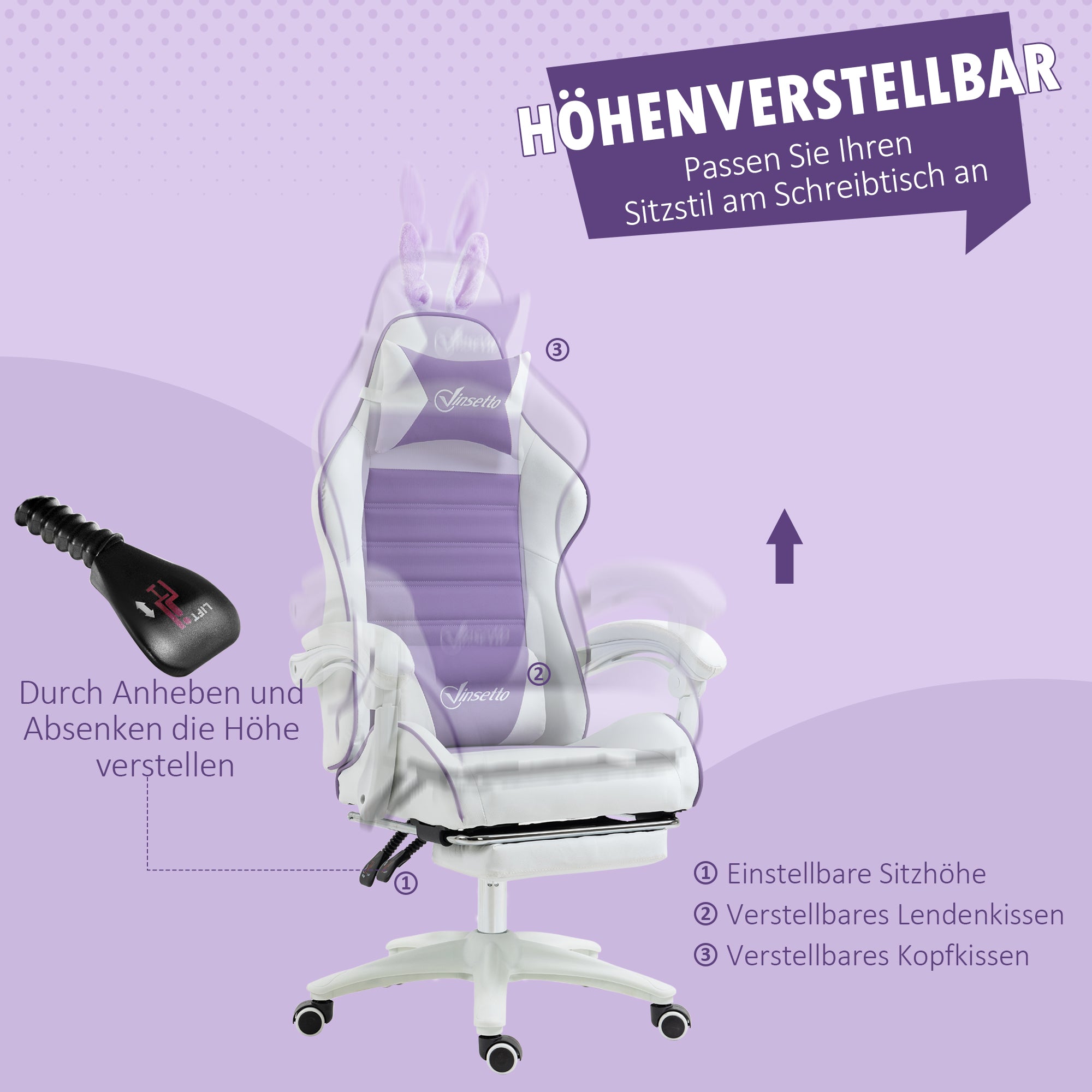 Gaming Chair Ergonomic Gamer Chair with Lumbar Support, Footrest, Gaming Seat with Rabbit Ears, Headrest, Office Chair with Adjustable Backrest Reclining Function Purple