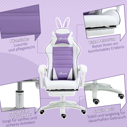 Gaming Chair Ergonomic Gamer Chair with Lumbar Support, Footrest, Gaming Seat with Rabbit Ears, Headrest, Office Chair with Adjustable Backrest Reclining Function Purple
