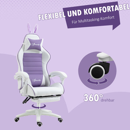 Gaming Chair Ergonomic Gamer Chair with Lumbar Support, Footrest, Gaming Seat with Rabbit Ears, Headrest, Office Chair with Adjustable Backrest Reclining Function Purple
