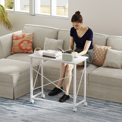 Folding Computer Desk, 31.5 x 15.7 in, Rolling Modern Desk for Home, Bedroom & Small Spaces, White
