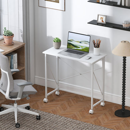 Folding Computer Desk, 31.5 x 15.7 in, Rolling Modern Desk for Home, Bedroom & Small Spaces, White